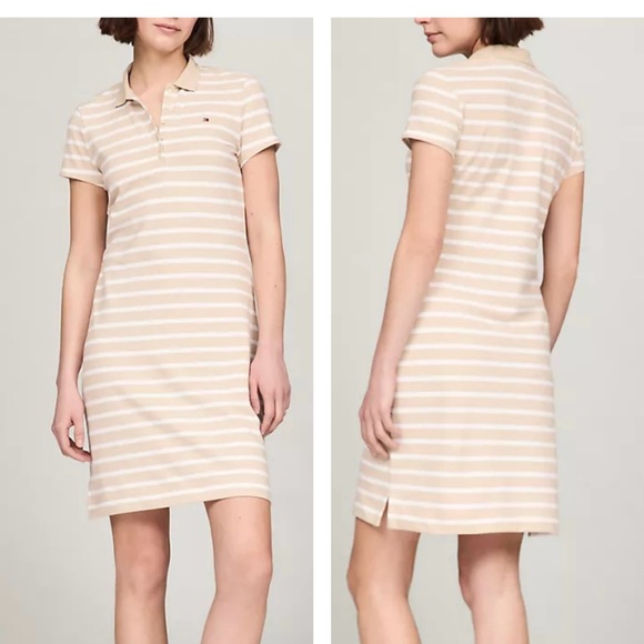 Tommy Hilfiger Polo Dress Tan Striped Nautical Preppy Coastal Classic Academia - Picture 1 of 16